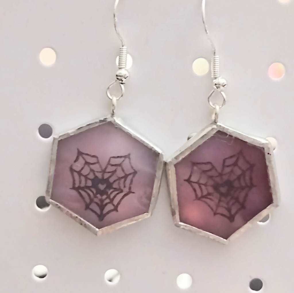 Pink Heart Spiderweb Earrings